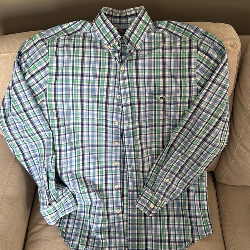 Vineyard Vines Men's Plaid Shirt - Green and Blue size M mens shirt